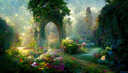 A beautiful secret fairytale garden with flower arches and colorful greenery. Digital Painting Background, Illustration