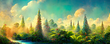 A Beautiful Landscape With Enchanted Flowering Pines, With A Fantasy Concept In Spring. Digital Painting Background, Illustration