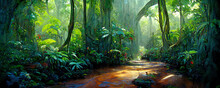 A Beautiful Enchanted Forest With Big Fairytale Trees And Great Vegetation. Digital Painting Background, Illustration