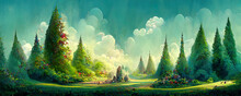 A Beautiful Landscape With Enchanted Flowering Pines, With A Fantasy Concept In Spring. Digital Painting Background, Illustration