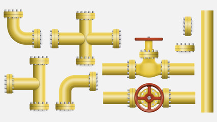 Wall Mural - Set of yellow elements of the pipeline. Gas and oil industry. Vector illustration.