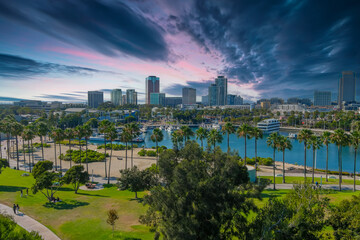 Wall Mural - an aerial shot of a gorgeous summer landscape in the harbor with blue ocean water, lush green palm trees and grass, boats docked and skyscrapers and office buildings in the city skyline at sunset