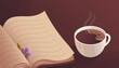 Open book and a cup of hot coffee on the table. Paper page. Love for reading and books. Lifestyle, hobby and recreation. Home rest, coffee time. Vector illustration for background and banner