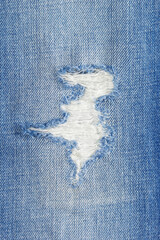 Wall Mural - Torn jeans denim background texture. Blue jeans fabric as material surface