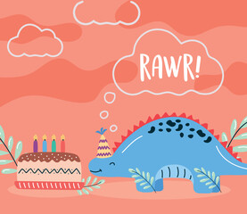 Sticker - dinosaur and birthday cake