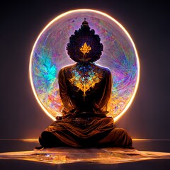 Silhouettes of Buddha on the background of a luminous mandala. The concept of meditation and relaxation. Perfect for phone wallpaper or for posters.