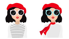 Frenchwoman. Flat Illustration Of A Girl. Illustration Of A Young French Woman Wearing A Red Beret And Glasses