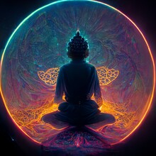 Silhouettes Of Buddha On The Background Of A Luminous Mandala. The Concept Of Meditation And Relaxation. Perfect For Phone Wallpaper Or For Posters.