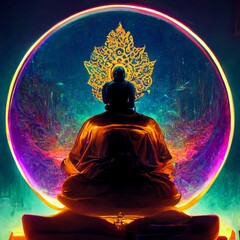 Silhouettes of Buddha on the background of a luminous mandala. The concept of meditation and relaxation. Perfect for phone wallpaper or for posters.