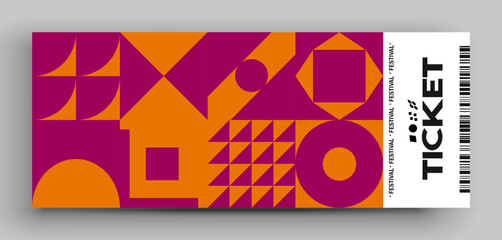 Ticket vector template layout with abstract pattern design graphics made with simple shapes and forms.  Useful for creating invitations, banners, posters, flyers, prints, labels, tickets.