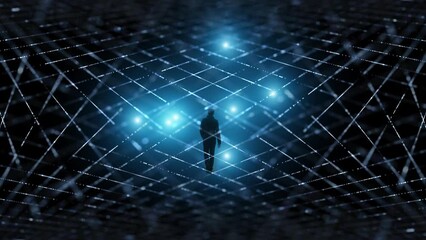 Wall Mural - people in digital future metaverse cyber space. silhouette of a walking man in futuristic network.