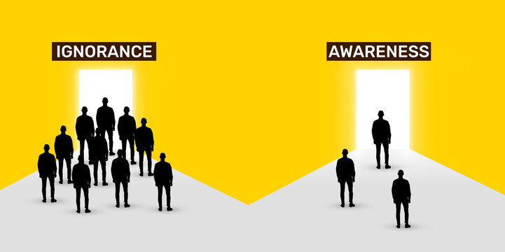 Awareness vs Ignorance concept background with people standing in front of doors. Life lessons concept backdrop