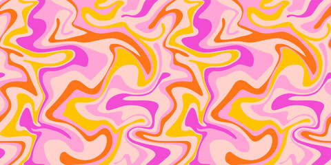 Psychedelic swirl seamless pattern. 60s, 70s style liquid groovy background. Colorful marbled texture.