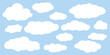 Chmury w stylu komiksowym. Zestaw białych chmurek izolowanych na białym tle. Ilustracja wektorowa.