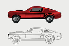 Ford Mustang Classic Cars,Vector Classic Car Illustration Coloring Book Page For Adult Drawing. Paper, Outlines Vehicle. Graphic Element. Wheel. Black Contour Sketch. See Less