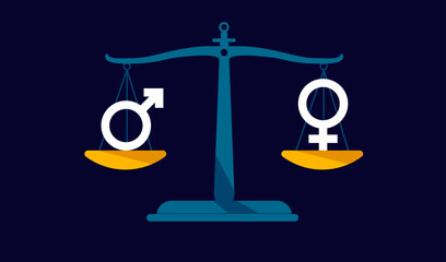 Wall Mural - equal gender balance - weight scale with gender signs showing equality. vector illustration with dar