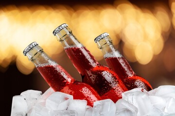 Poster - Glass bottles of beer with drops in the ice cubes