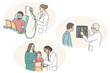 Hand drawn illustrations of patients getting examined at the doctor's office or hospital