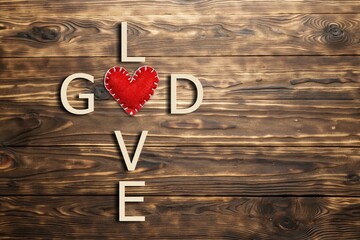 Wall Mural - God and love words written in the shape of a religious cross with red heart on background