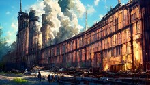 A Gigantic Factory Or Industrial Complex In The Fashion Of Steampunk Or Diesel Punk Stylization
