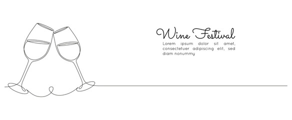 Wall Mural - Continuous one line drawing of two glasses of red wine. Minimalist holiday concept of celebrate toast and cheering drink in simple linear style. Editable stroke. Doodle Vector illustration