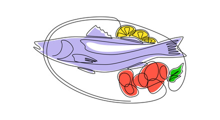 Aufkleber - Continuous one line drawing of grilled salmon fish on plate. Roasted seafood dish with lemon and vegetables in simple linear style on top view. Editable stroke. Doodle Vector illustration