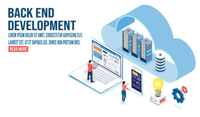 3d isometric Front and Back end development concept with coding and programming, studying with computers scene, Online IT courses, esponsive web design.  Illustration eps10