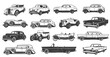 Retro automobiles icons. Vintage limousine and classic sedan, retro sport roadster, convertible coupe and old truck black and white isolated vector. Classic cars and antique cabriolet