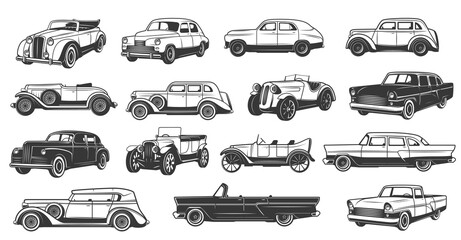 Retro automobiles icons. Vintage limousine and classic sedan, retro sport roadster, convertible coupe and old truck black and white isolated vector. Classic cars and antique cabriolet