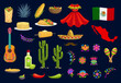 Mexican holiday food, items and national symbols. Mexican tacos, burrito and corn, agave tequila or mezcal drink, guitar and maracas musical instruments, national clothing, flower ethnic ornaments