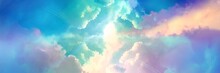 Wide Size Landscape Illustration Of A Beautiful Entrance To Heaven, Shining Divinely Through The Rainbow-colored Clouds.