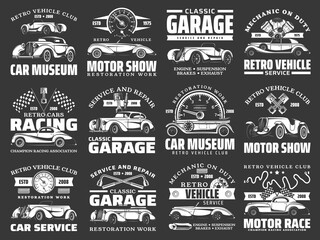 Wall Mural - Retro cars museum exhibition, repair mechanic icons. Vintage vehicles motor show, classic automobiles racing competition and garage station sign. Retro roadster cabriolet, coupe and limousine vector