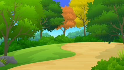 Wall Mural - Forest with grass and dirt vacant land cartoon illustration