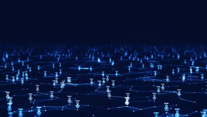 The technology concept supports a large number of users in the Internet website system. A small user icon above the online networking polygon slowly moves on dark blue background.