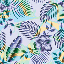 Blue Vintage Jasmine Flowers Seamless Pattern With Tropical Banana Palm Leaves Plants And Foliage On Abstract Background. Colorful Stylish Floral. Floral Background. Summer Design. Prints Texture.