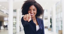 I Want You On My Team. A Happy, Pointing And Smiling Young Corporate Businesswoman Hiring You For A New Job Position. Portrait Of A Formal Professional Female Manager Choosing You In A Modern Office.