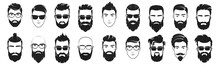 Handsome Face Man Beard Man Emblems Icons. Set Of Vector Bearded Hipster Men Faces. Haircuts, Beards, Mustaches Set Vector Illustration