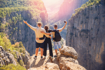 Group friends hiker background mountain Tazi canyon in Manavgat Antalya Turkey. Concept adventure travel lifestyle