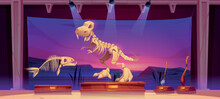 Dinosaur And Fish Skeletons In Paleontology Museum Cartoon Image. Vector Illustration Of Stone Age Artefacts, Ancient Prehistoric Animals Bones At History Exhibition. Scientific Discovery. Archaeology