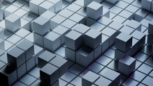 Grey, Glossy Blocks Neatly Arranged To Create A Futuristic Tech Background. 3D Render.