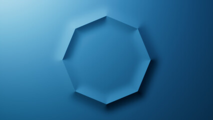 Blue Gradient Background with Embossed Octagon. Minimalist Surface with Extruded 3D Shape. 3D Render.