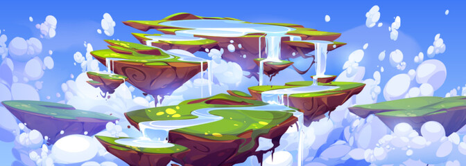 Wall Mural - game background with fantasy summer landscape with cascade waterfall on floating islands and clouds 