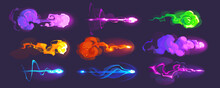 Blaster Shot Effects With Fire, Energy And Plasma Beams Isolated On Background. Vector Cartoon Set Of Alien Weapons Attack Effect With Plasma Rays, Lightning, Fireball And Flash