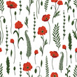 Red poppy florals and garden flowers. Seamless pattern illustration.hand drawn style ,Design for fashion ,fabric,wallpaper, prints