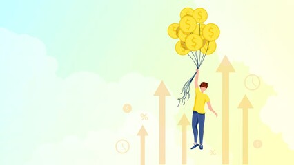 Wall Mural - Man flying up with coins like on balloons. Profit, income, prosperity, financial success, business, investment concept. Animation video.