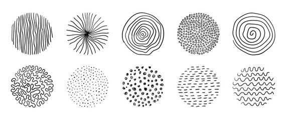 Circle doodle hand drawn textures. Vector abstract artistic scribbles. Minimal dotted and striped patterns