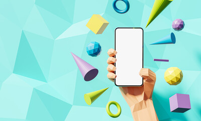 Wall Mural - low poly style hand-holding smartphone with blank screen - colorful figures around