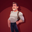© klyaksun - Private detective with gun in holster. Self confident man police officer, cop, crime investigator. Cartoon serious mustached male character stand with arm akimbo, game personage, Vector illustration