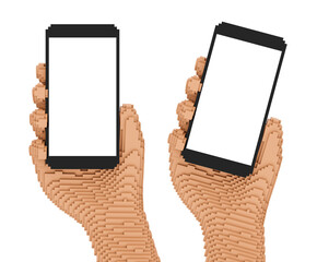 Wall Mural - 3d pixel style hand holding smartphone with blank screen - bricks style 3d render