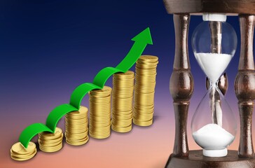 Money, clock and up arrow. Placement of savings on bank deposit. Income growth. Rising mortgage loan rates.